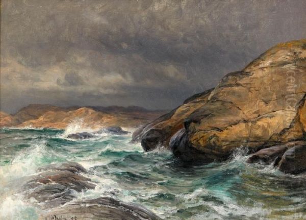 Branningar Mot Strandklippor Oil Painting by Berndt Adolf Lindholm