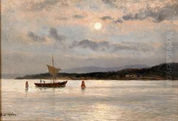 Kustlandskap Med Segelbat Oil Painting by Berndt Adolf Lindholm