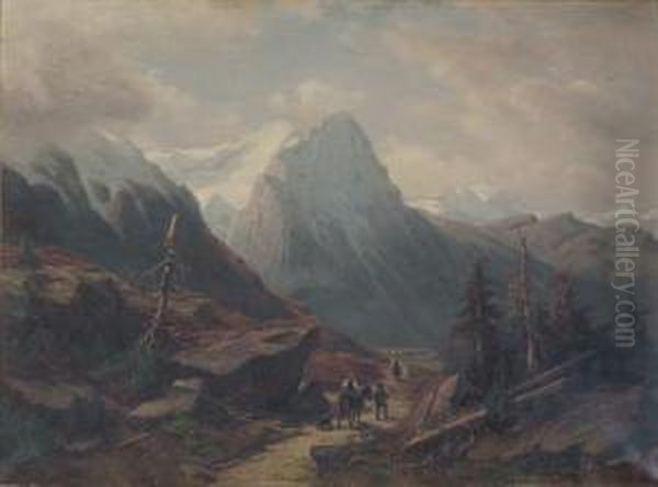 Travellers In An Alpine Landscape Oil Painting by Johann Wilhelm Lindlar