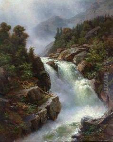 The Waterfall Oil Painting by Johann Wilhelm Lindlar