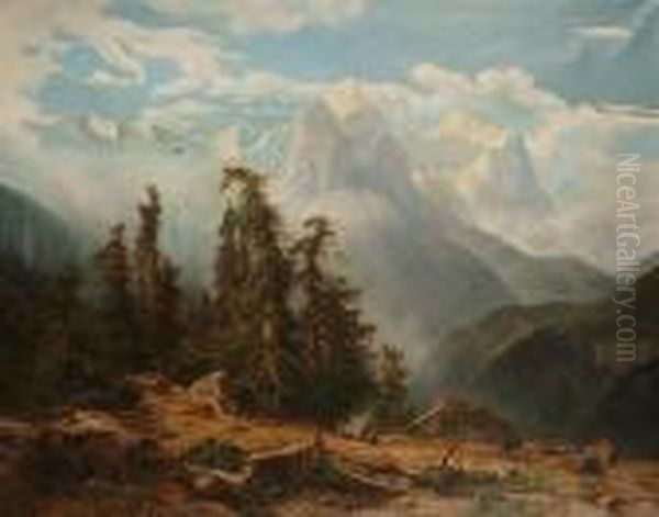 Alpine Scene, With Snow Covered Mountains And An Encampment In The Foreground Oil Painting by Johann Wilhelm Lindlar