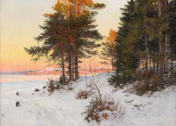 Vinterlandskap I Aftonrodnad Oil Painting by Axel Lindman