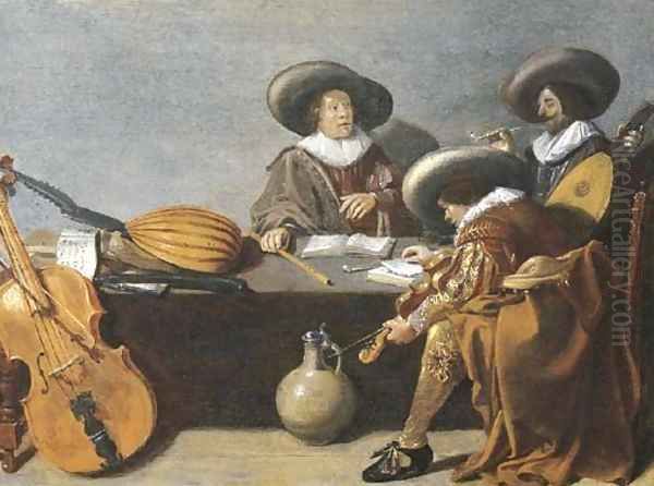 Officers smoking and music-making in an interior Oil Painting by Pieter Codde