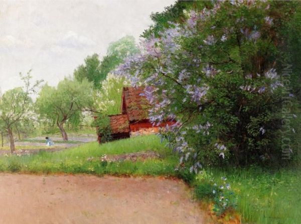 Sommarlandskap Med Blommande Syrener Oil Painting by Axel Lindman