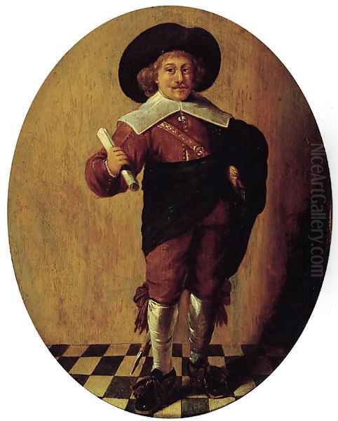 An officer, standing small full-length, holding a document in his right hand Oil Painting by Pieter Codde