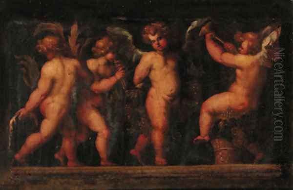 Putti desporting with fruit Oil Painting by Polidoro Da Caravaggio (Caldara)