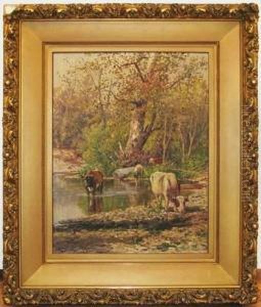 Cows Grazing In An Stream Oil Painting by Thomas Corwin Lindsay