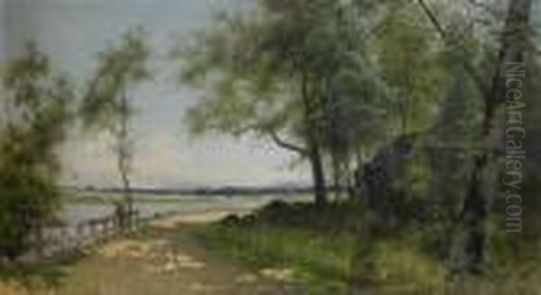 Sommarlandskap Med Vag Vid Vatten Oil Painting by Arvid Mauritz Lindstrom