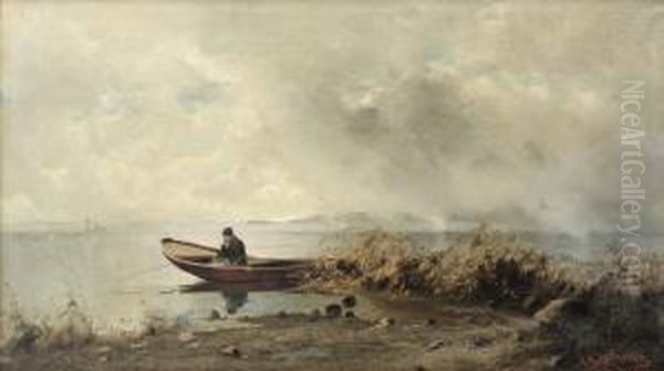 Fiskande Man I Eka Oil Painting by Arvid Mauritz Lindstrom