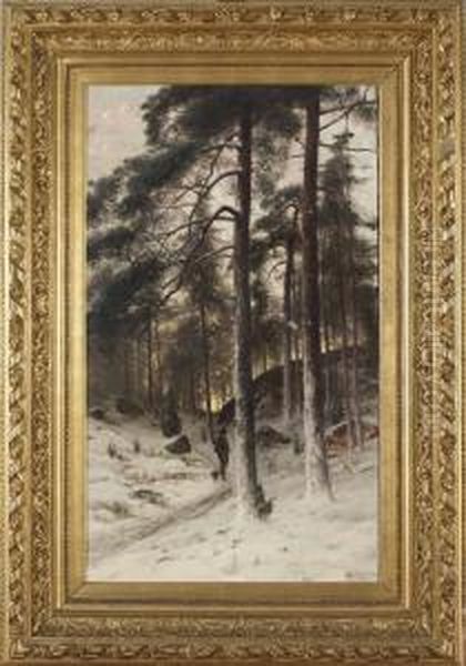 Jagare I Vinterskog Oil Painting by Arvid Mauritz Lindstrom