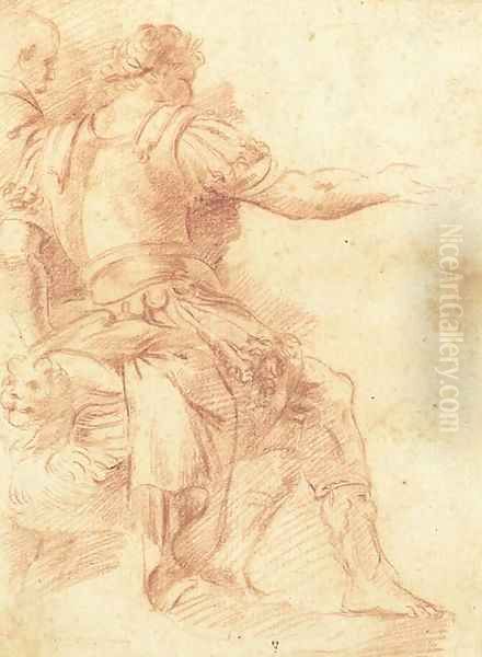 Two seated men gesturing to the left (recto); A study of a horse (verso) Oil Painting by Polidoro Da Caravaggio (Caldara)