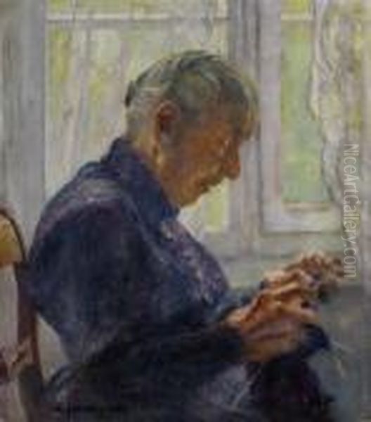 Alte Frau In Profil Bei Einer Strickarbeit Oil Painting by Carl August Liner