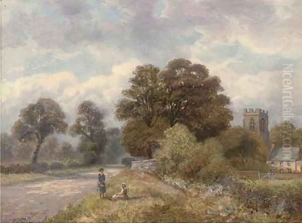 Young girls beside a country road with a church beyond Oil Painting by Enoch Crosland