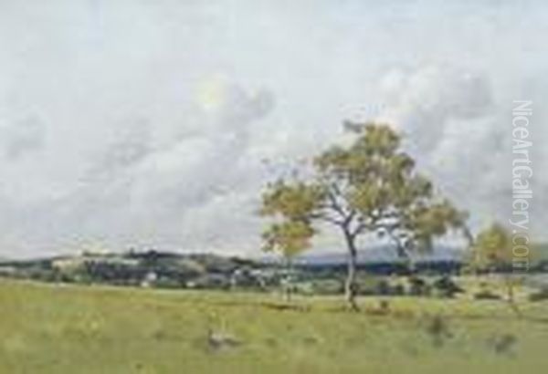 Ebene Franzosische Landschaftspartie Mit Ortschaft. Oil Painting by Henri Linguet