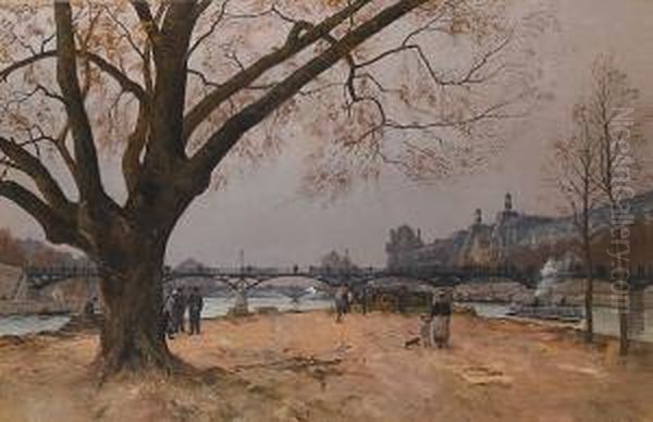 Le Pont Des Arts Et Le Musee Du Louvre, Paris Oil Painting by Henri Linguet