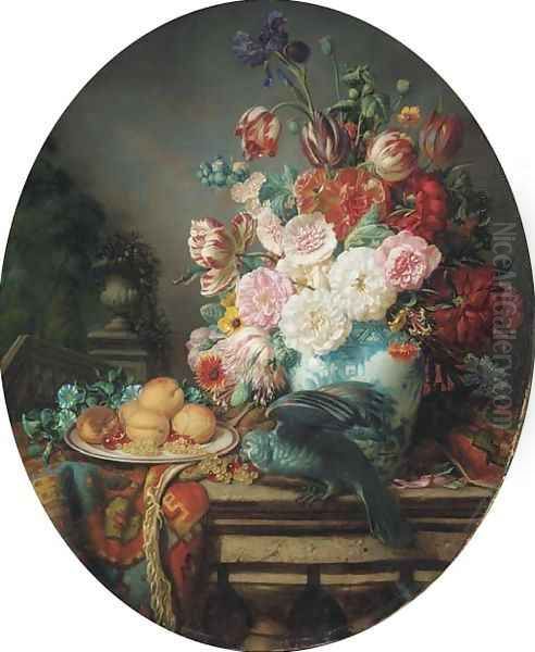 Still Life with a Parrot, Fruits, Flowers Oil Painting by Henri-Jean-Saint-Ange Chasselat