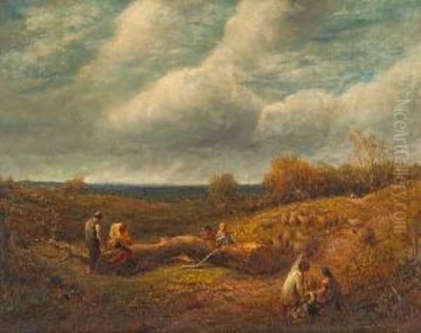 An Extensive Landscape With Woodcutters And A Flock Of Sheep In The Foreground Oil Painting by James Thomas Linnell