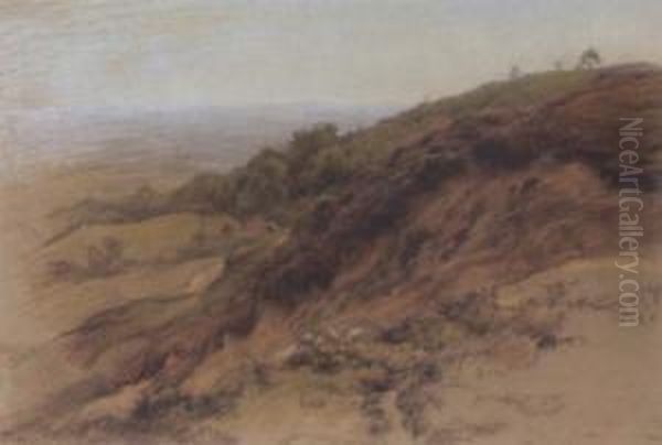 Sheep Grazing On A Hill (#) Trees By A Sandy Path (#) Helmcrag Oil Painting by William Linnell