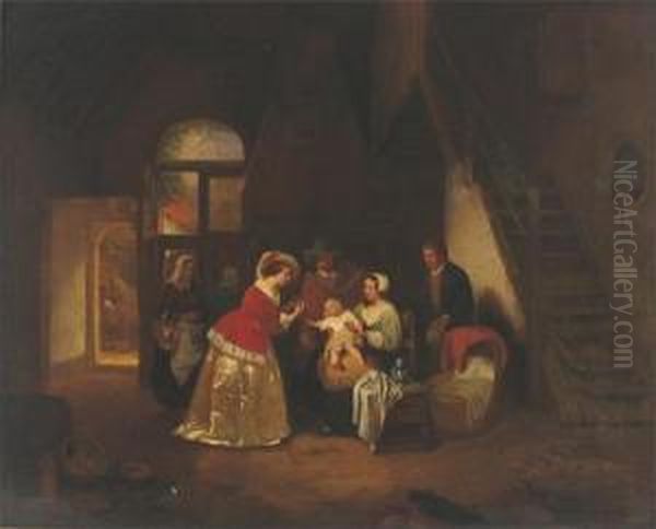 A Cottage Interior With A Family Receiving Visitors Oil Painting by Willem Linnig