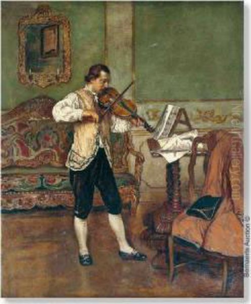 Violinist In Bourgeois Interior. Panel. Signed And Dated W Linnig 1876. Oil Painting by Willem Linnig