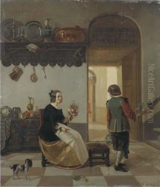 Cutting Flowers In The Kitchen Oil Painting by Willem Linnig