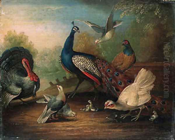 A Peacock, a Turkey, a Hen, Doves, Chicks and a Pheasant by a Lake Oil Painting by Marmaduke Cradock