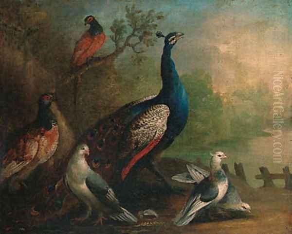 A Peacock, Doves and Pheasants by a Lake Oil Painting by Marmaduke Cradock