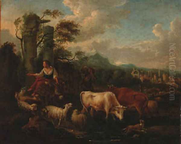 A drover with cattle, sheep and a dog fording a stream in an Italianate landscape Oil Painting by Michiel Carree