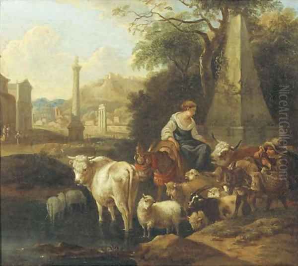 An Italianate landscape with shepherds and their cattle by a fountain 2 Oil Painting by Michiel Carree