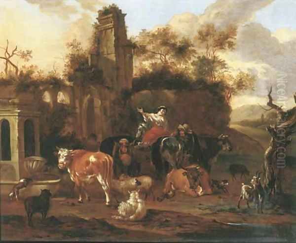 An Italianate landscape with shepherds and their cattle near a ruin Oil Painting by Michiel Carree