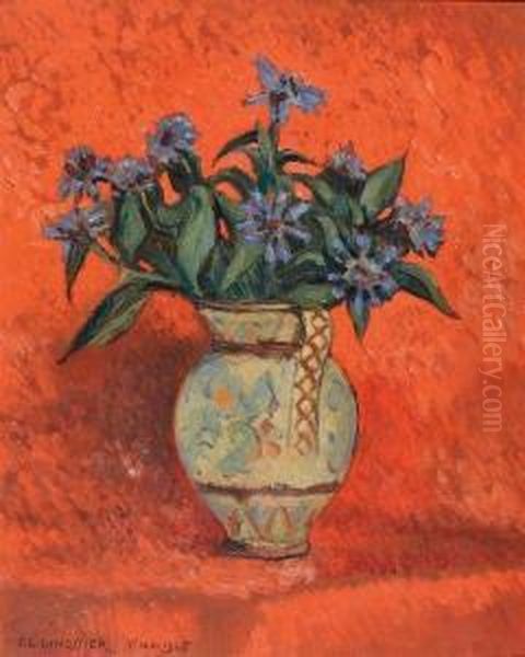 Fleurs Bleues Dans Un Pot En Ceramique by Claudius Linossier