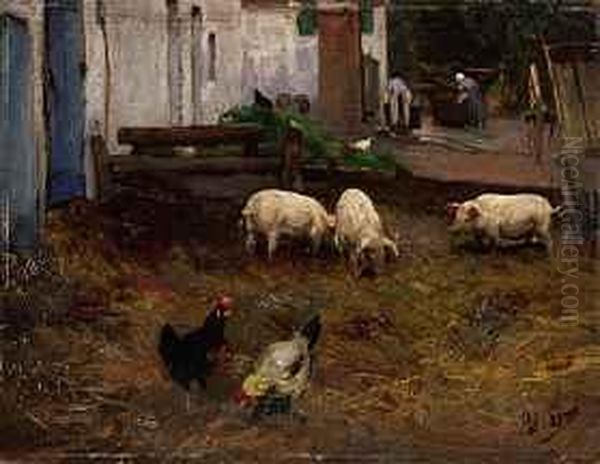 Schweine Und Huhner Vor Einem Bauernhof Oil Painting by Adolf Lins