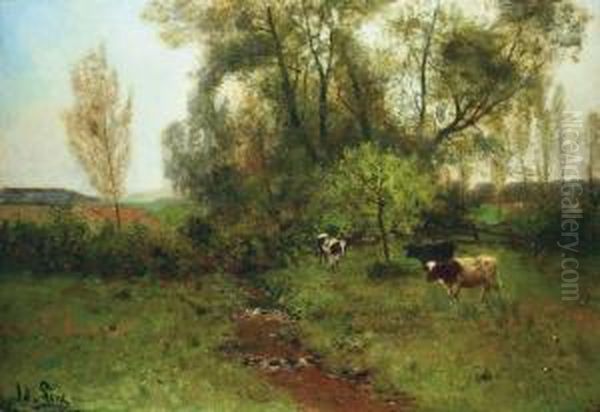 Feldlandschaft Mit Pappeln, Bach Und Kuhen. Oil Painting by Adolf Lins