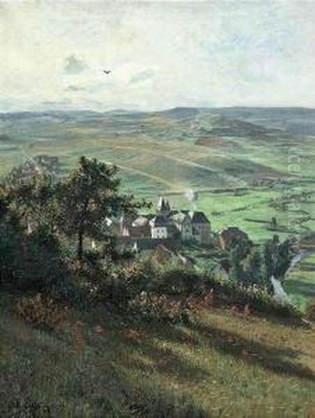 View From A Bank Toa Small Village Oil Painting by Adolf Lins