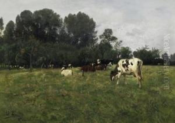 Cattle In The Willows On The 
Edge Of The Forest. Signed And Dated Lower Left: Ad. Lins 95 Oil Painting by Adolf Lins