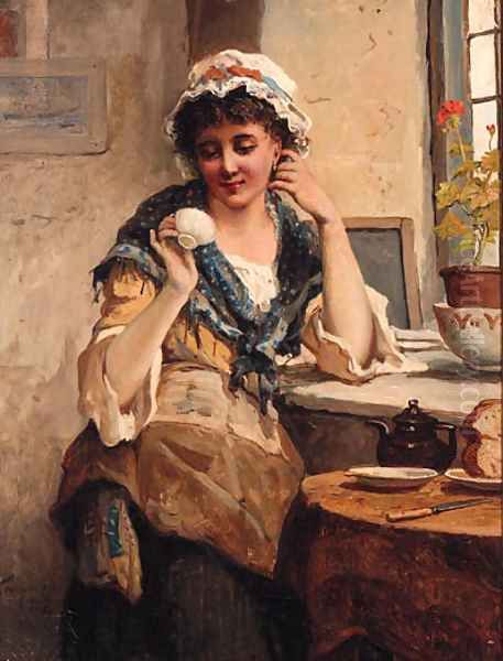 A Girl reading her Tea Leaves Oil Painting by Tennyson Philip Cole