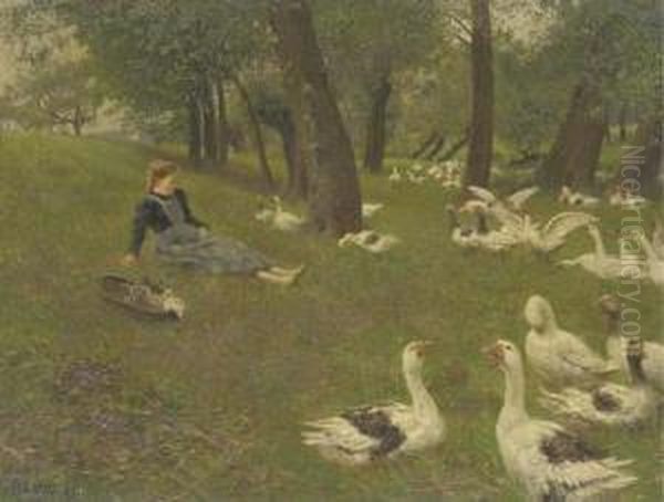 The Goose Girl Oil Painting by Adolf Lins