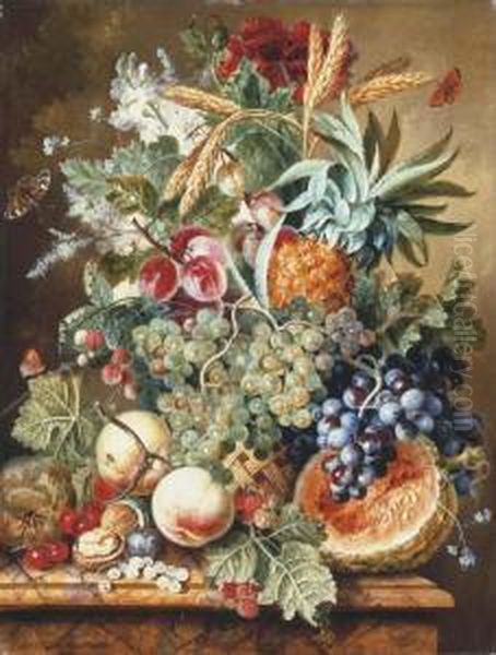 A Pineapple, Plums, Grapes And 
Other Fruit And Flowers In A Basketwith A Melon, Peaches, Cherries, 
Raspberries And Other Fruit On Amarble Ledge Oil Painting by Johannes or Jacobus Linthorst