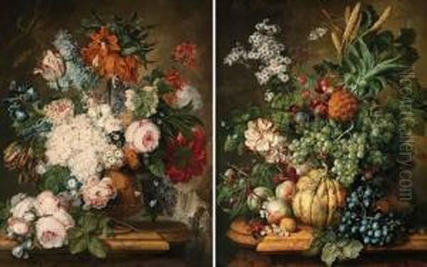 A Crown Imperial Lily, Tulips, 
Hydrangea, Lilac, An Iris, Paeonies, Auricola, Convolvuli And Other 
Flowers In An Urn With A Spray Of Roses On A Marble Pedestal; And 
Grapes, Plums, Wild Strawberries, Daisies, Roses, And Corn In A Basket 
With A Melo Oil Painting by Johannes or Jacobus Linthorst