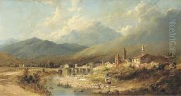 View Of A Swiss Mountain Village Oil Painting by James Dromgole Linton