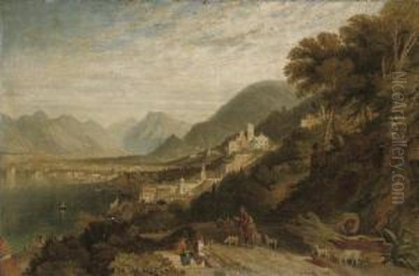 View Of The Bay Of Naples, With A Drover And Figures Making Music In The Foreground Oil Painting by William Linton