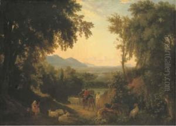 An Italianate Landscape, With Peasants And Livestock In Theforeground Oil Painting by William Linton