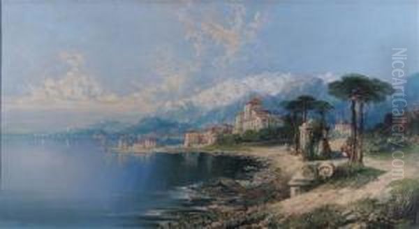 North Italian Lake Scene With Villas And Snow Capped Mountains Oil Painting by William Linton