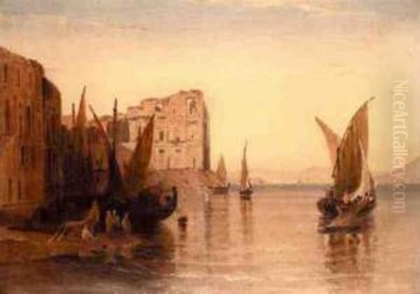 Feluccas On The Nile Near Ruined Buildings Oil Painting by William Linton