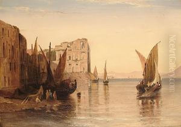 Feluccas On The Nile Near Ruined Buildings Oil Painting by William Linton