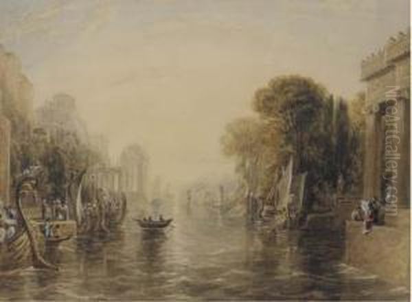 Classical Figures In An Arcadian Landscape Oil Painting by William Linton