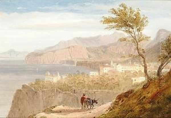 A Figure And A Donkey On A Clifftop Path, Thought To Be The Amalfi Coast Oil Painting by William Linton