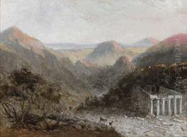 A Ruined Temple In An Italianate Landscape Oil Painting by William Linton