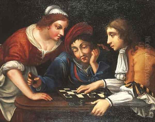 Peasants playing draughts in an interior Oil Painting by Angelo Caroselli