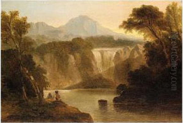 Figures In A Waterfall Landscape Oil Painting by William Linton